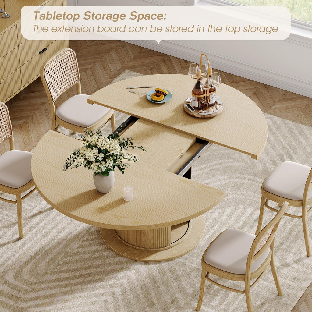 Dining Table for 4-6, 47in-63in Extendable Round Dining Room Table with Storage, Mid Century Modern Farmhouse Wood