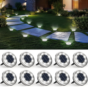 10 Pack Solar Ground Lights Outdoor, Backyard Decor Cool White | IP65 Waterproof Stainless Steel Landscape Lighting