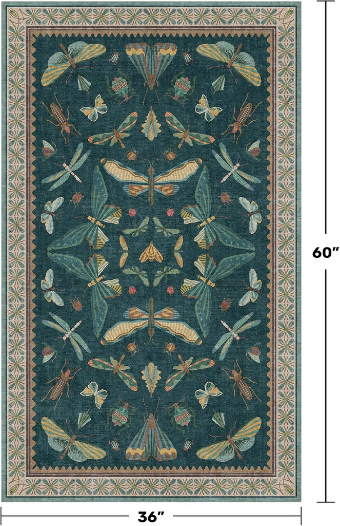 Teal 3x5 Entryway Rug - Door Rug Indoor for Large Kitchen, Living Room, Washable Low Pile Insect Décor