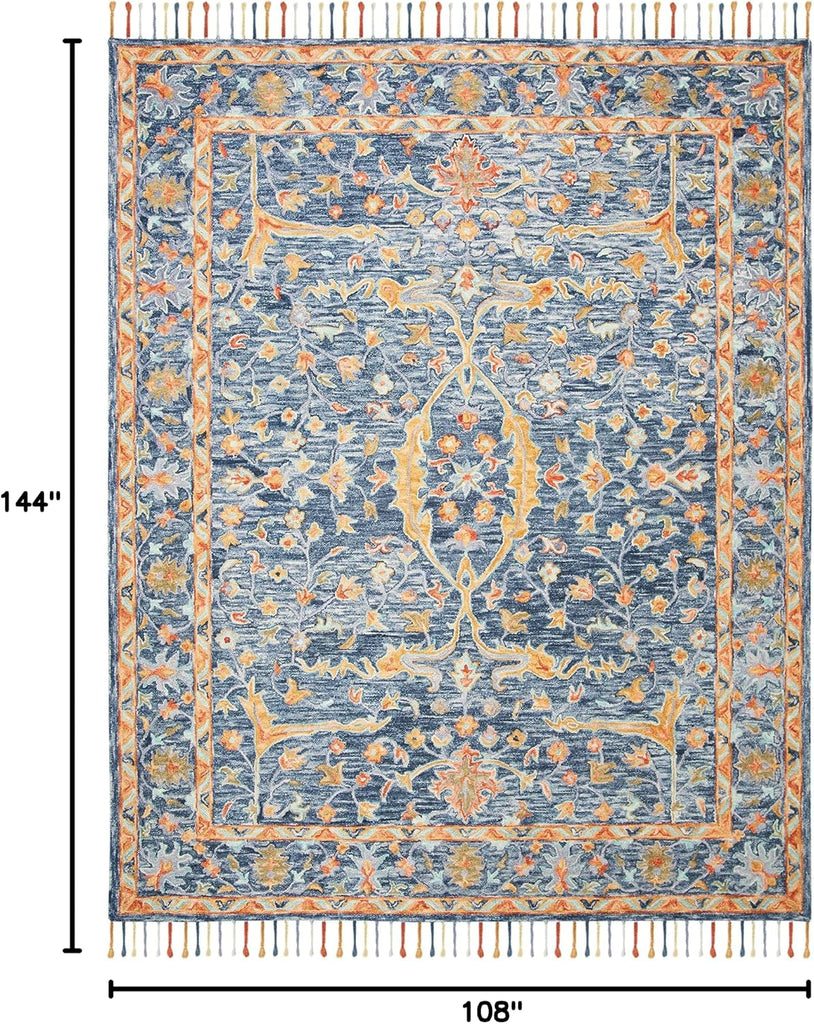Aspen Area Rug - 9' x 12', Blue & Rust, Handmade Boho Braided Tassel Wool