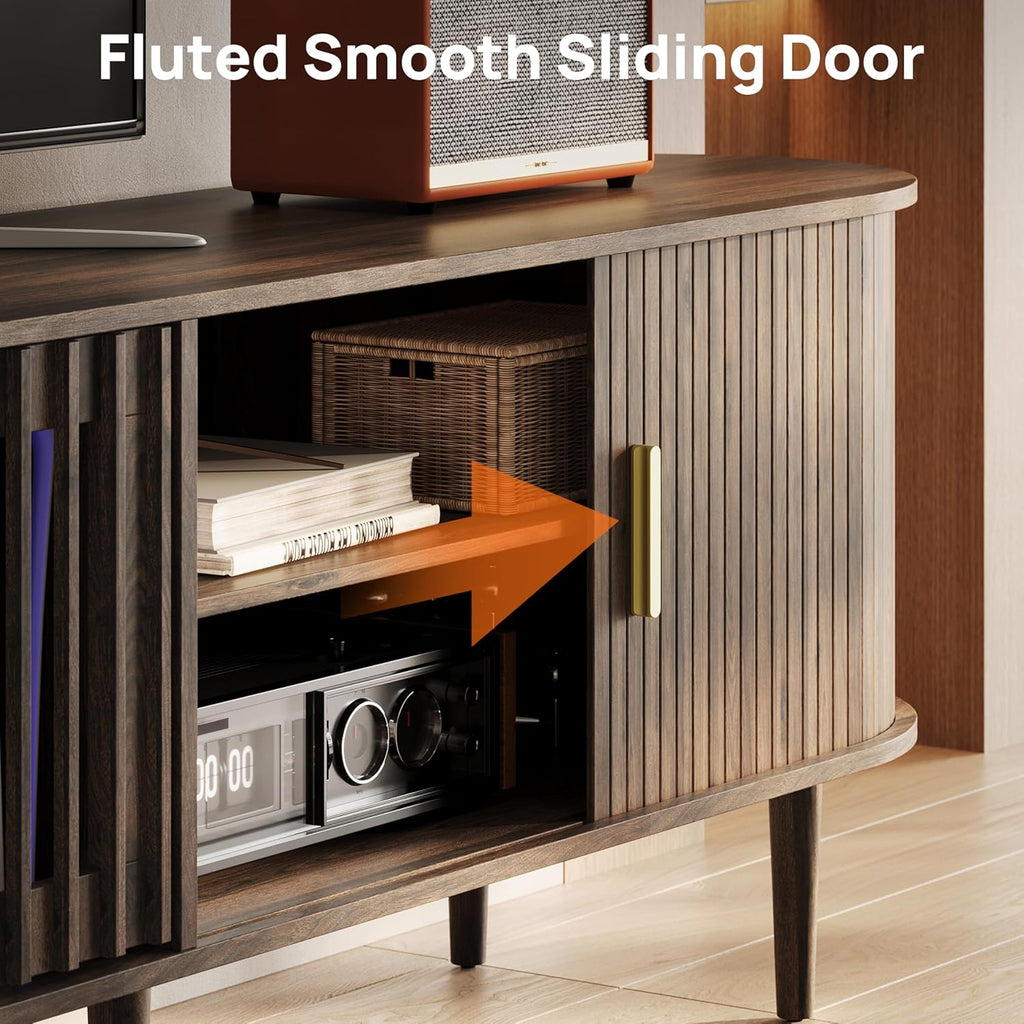 94.5" Fluted Mid Century Modern TV Stand for TVs Up to 80/85/86/90/98/100", Tambour Sliding Doors Entertainment
