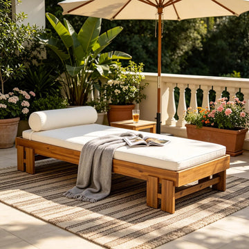 Acacia Wood Outdoor Daybed with Cushion & Pillow, Patio Sofa Couch Backyard, Patio Garden Lounge Sofa