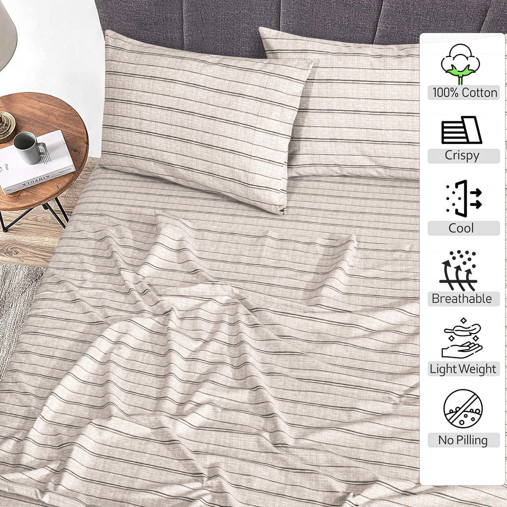 100% Cotton Percale King Sheets, King Size Sheet Set, Brown Stripes
