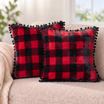 Plaid Red Decorative Throw Pillow Covers Pom Pom 18x18 Set of 2