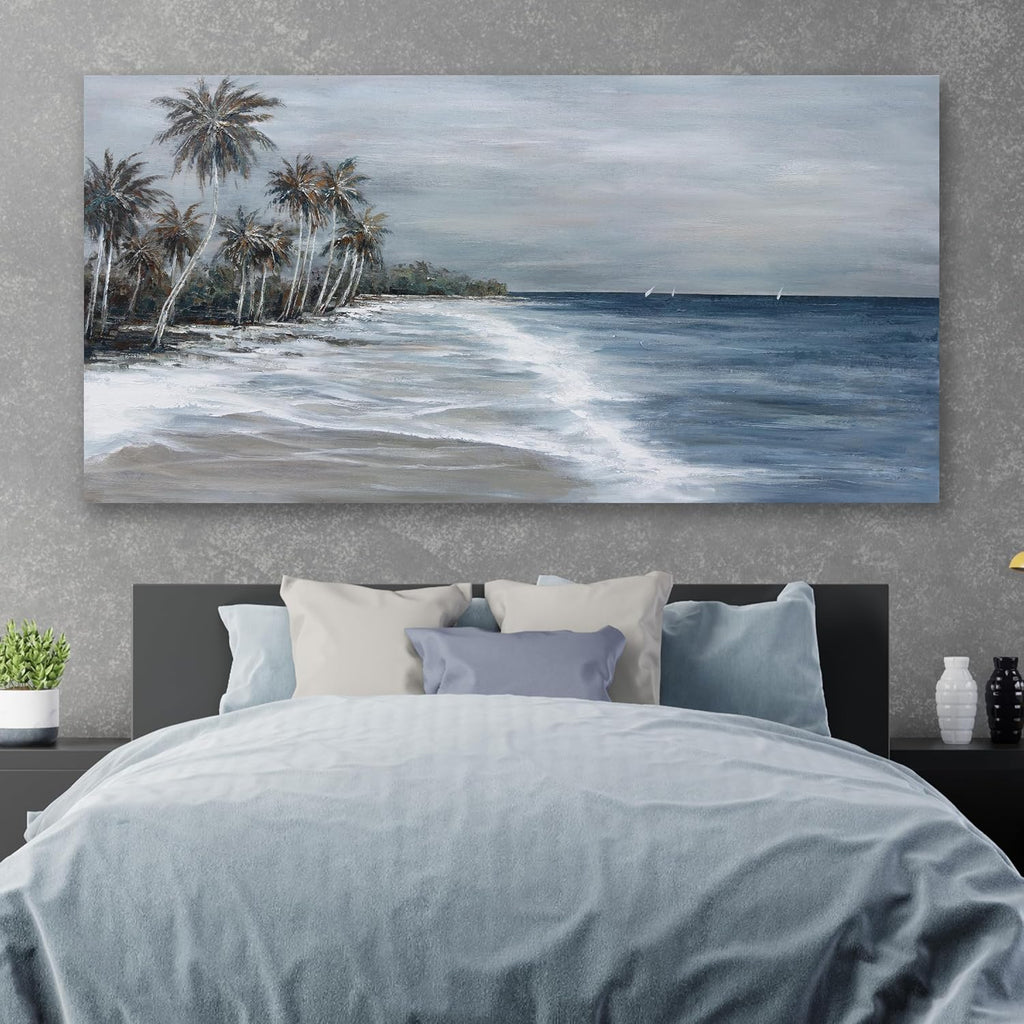 Coastal Wall Art Blue Gray Beach Wall Decor Landscape Abstract Canvas Painting Modern Ocean Artwork Framed Bedroom
