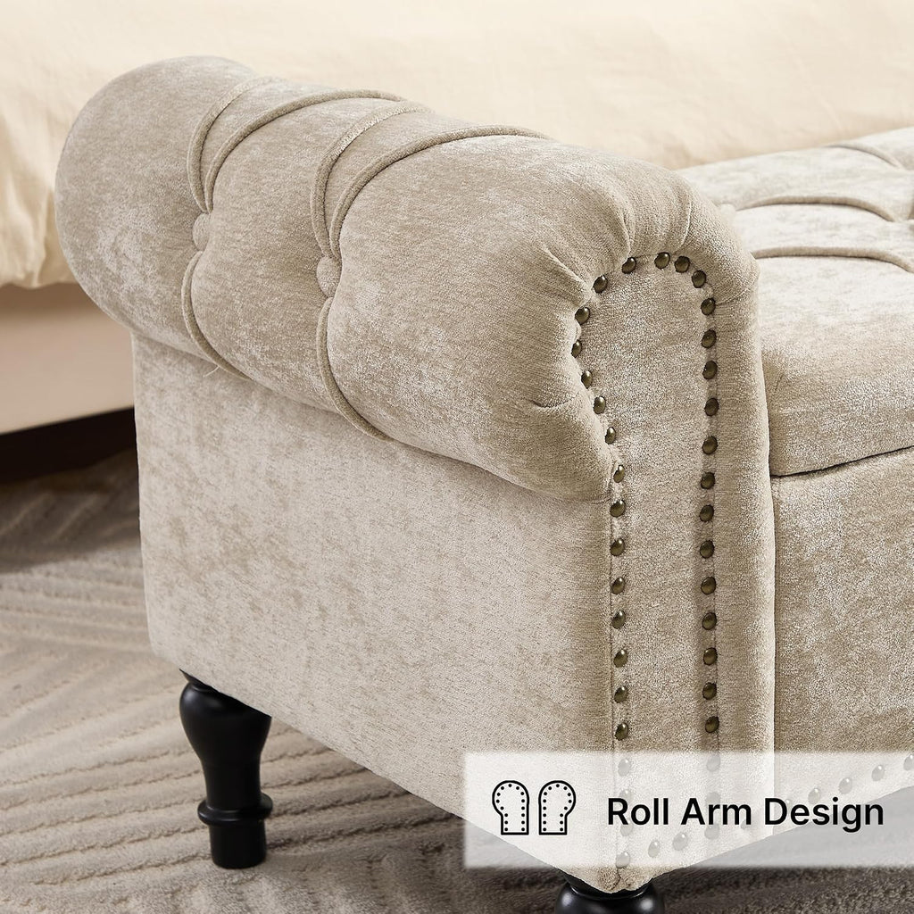 Storage Bed Bench , Chenille 67" End of Bed King Size Benches with Armrest, Tufted Button Upholstered Ottoman Bench
