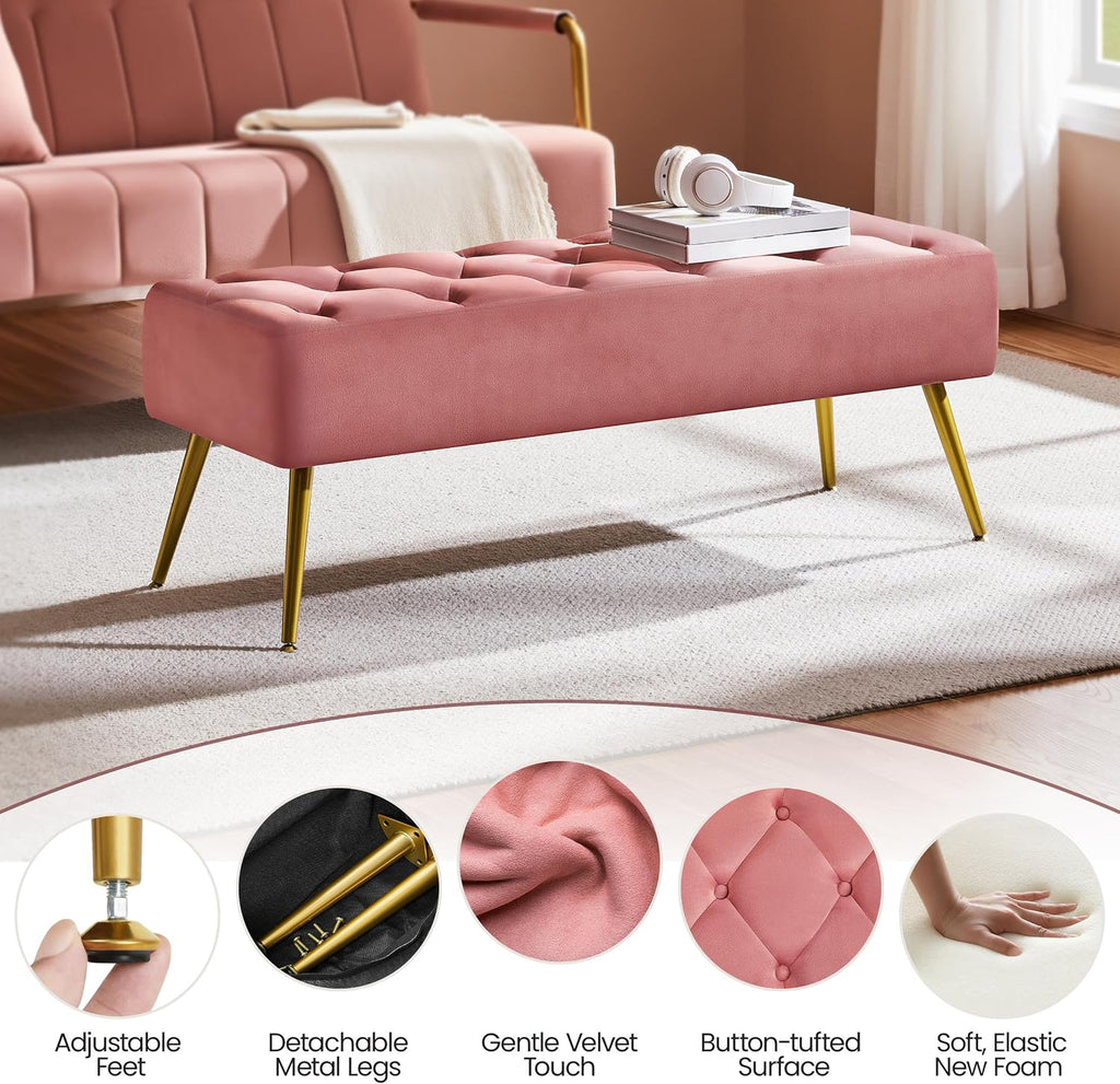 45in Velvet Ottoman Bench End of Bed, Pink | Tufted Upholstered Bench Seat, Bed Bench with Tapered Gold Metal Legs