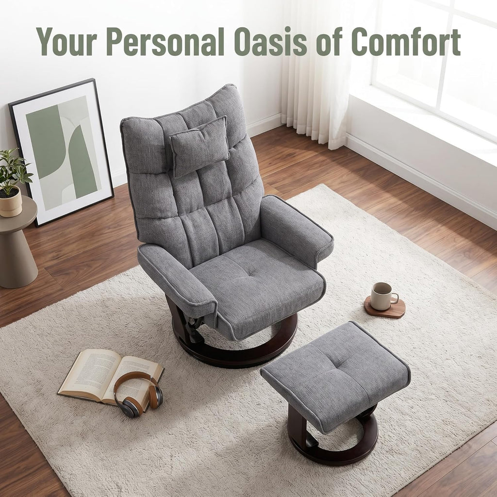 Modern Reclining Swivel Lounge Chair and Ottoman — Grey Chenille