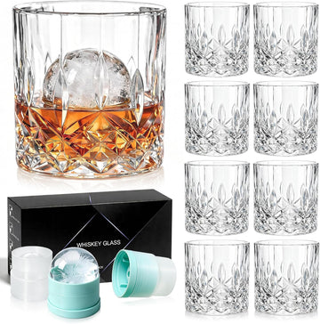 Whiskey Glasses, Set of 16 (8 Rocks Glasses 8 Whiskey Ice Ball Molds), 11 OZ Old Fashioned Glass for Bourbon Vodka