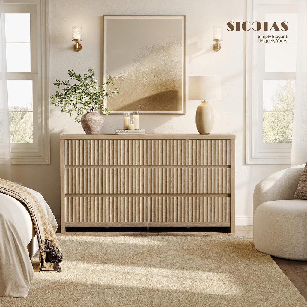 Fluted 6 Drawer Dresser - 55.2''W Large Chest of Drawers | Modern Long Bedroom Dressers with Deep Drawers, 17.7''D