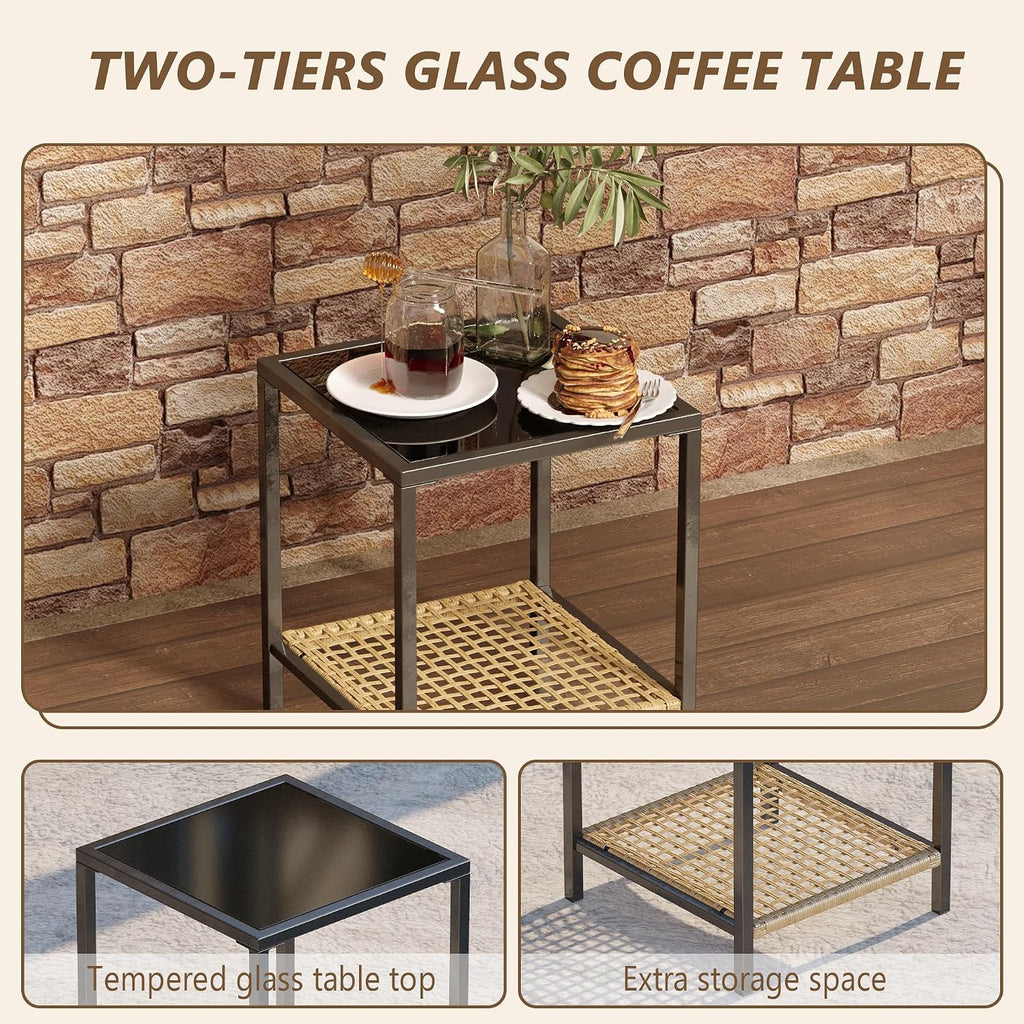 3 Piece Patio Rocking Chairs Set of 2, Outdoor Rocking Chair Bistro Set with Tempered Glass Coffee Table and Thick
