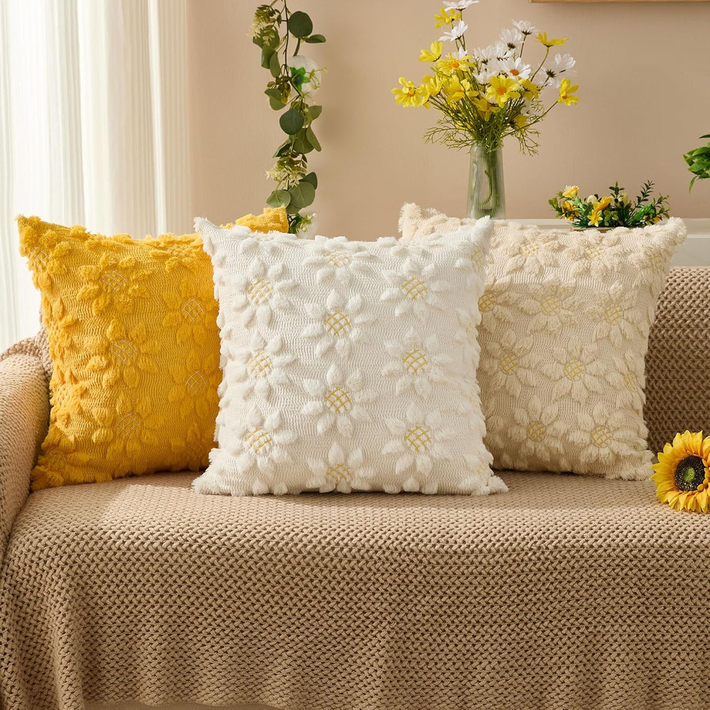 Spring Summer Pillow Covers 18x18 inch Set of 2 Farmhouse Decor Yellow Color Flower Heart Sunflower Soft Plush Faux