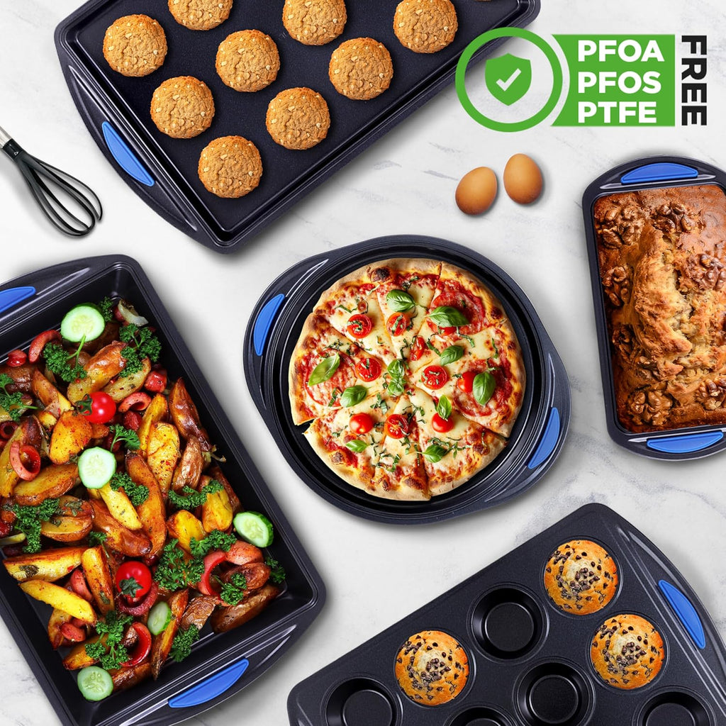 10-Piece Nonstick Bakeware Set - Heavy Duty Carbon Steel Trays w/Silicone Handles - Includes Cookie Sheets, 12-Cup