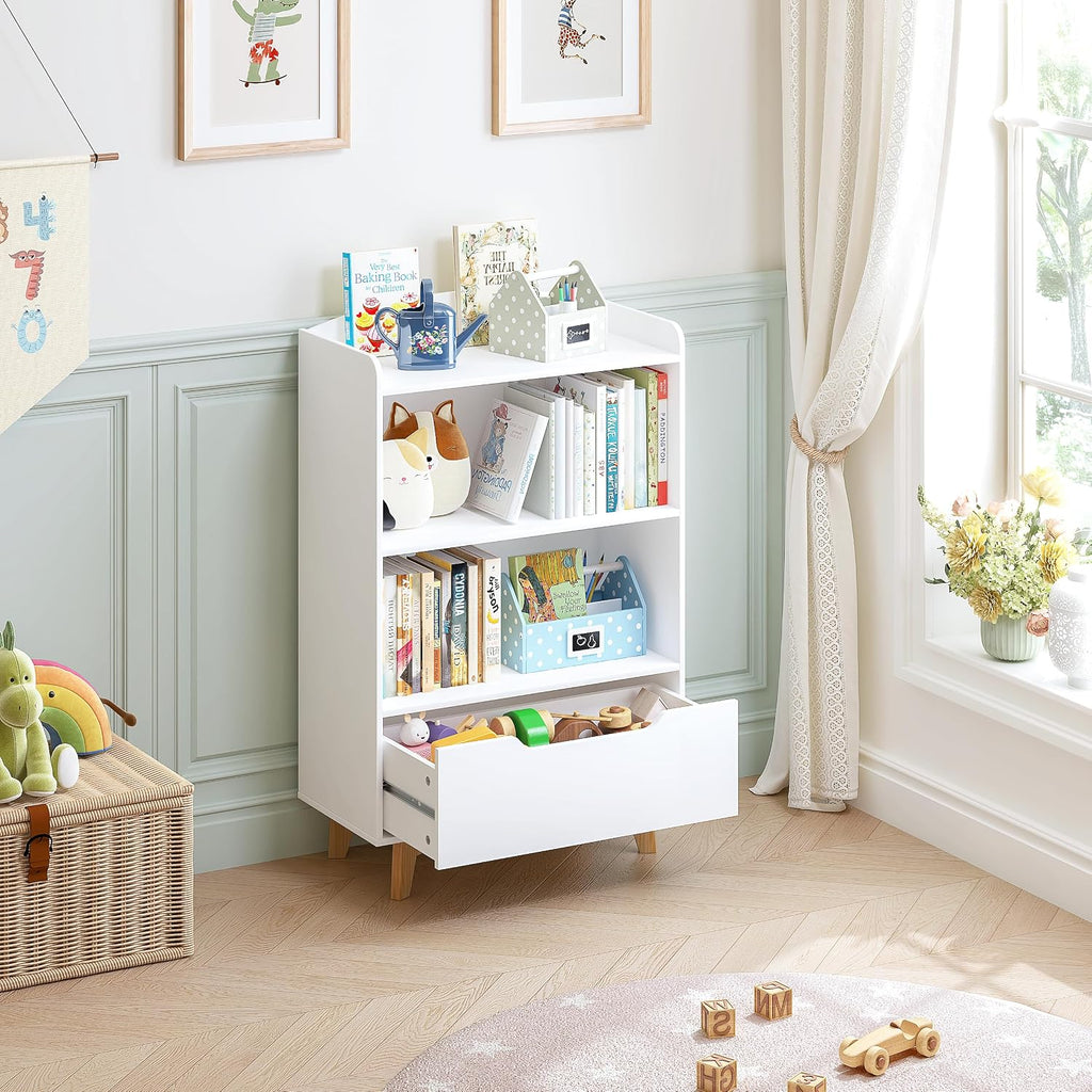 Kids Bookshelf, Children Bookcases with Drawer, Toy Storage Organizer | Corner Book Shelf for Kids Rooms, Solid Wood