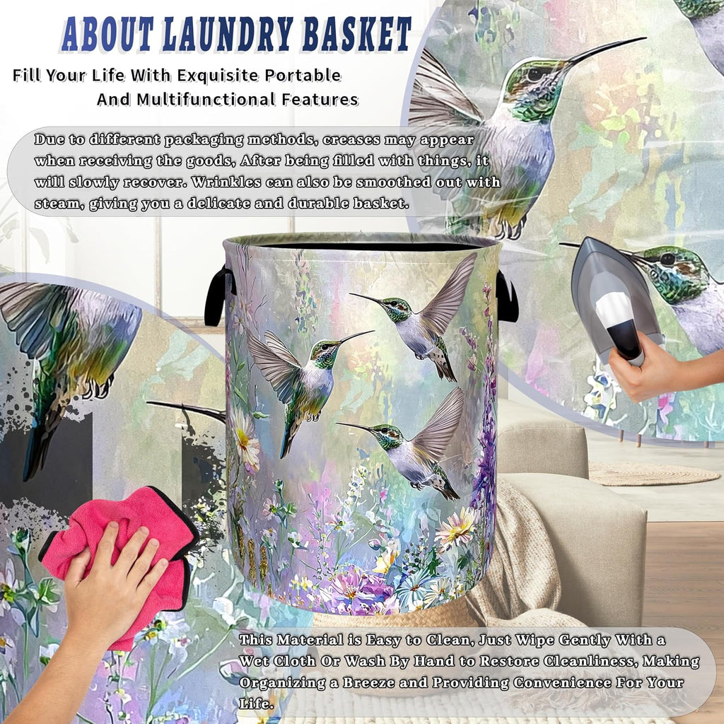 Beautiful Hummingbird Laundry Basket Oxford Cloth Hamper 18.9"x16.5" | Colorful Flower Laundry Hamper With Handle