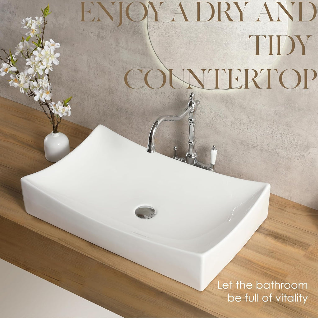 25"x15" Rectangular Bathroom Sink,White Vessel Sink Above Counter Porcelain Ceramic Vessel Sinks for Bathrooms