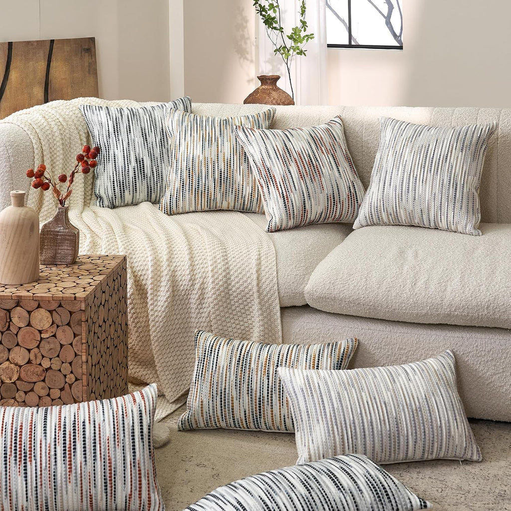 Boho Striped Pillow Cover 12x20, Rectangle Decorative Lumbar Throw Pillow Cover Chenille Neutral Pillowcase, Gray White