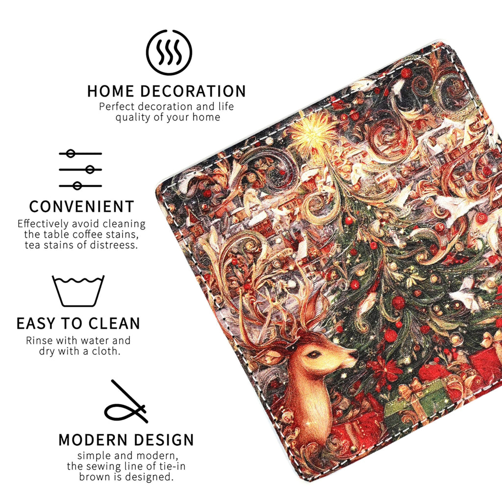 Christmas Coasters Square Leather Drinks Coaster Set with Holder for Coffee Table Bar Home Decor 4 Inches Set of 6