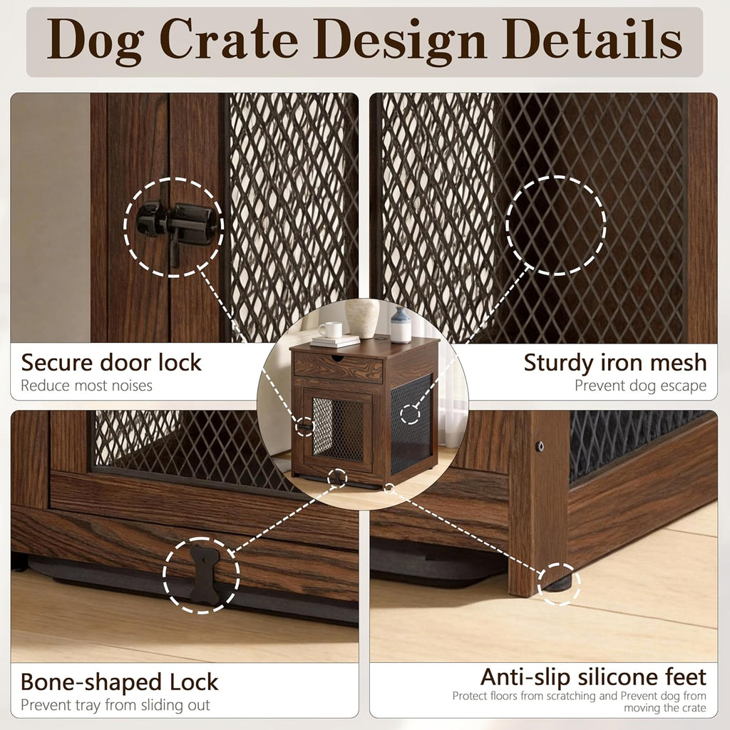 Dog Crate Furniture,Wooden Dog Crate End Table with Storage Drawer&Cushion&Tray