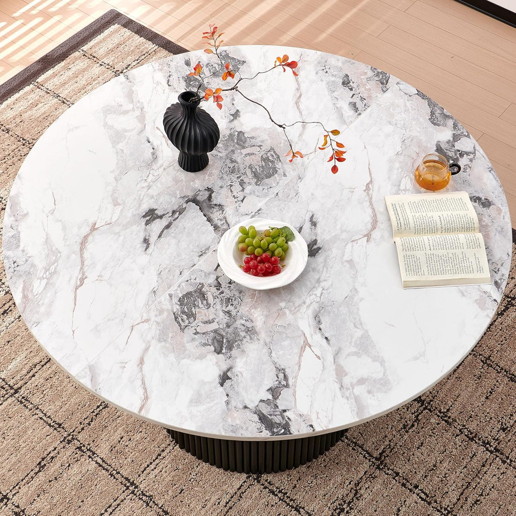 Modern Round Pedestal Dining Table for 4-6, 47" Kitchen Table with White Marble Grain Tabletop Engineered Wood Base