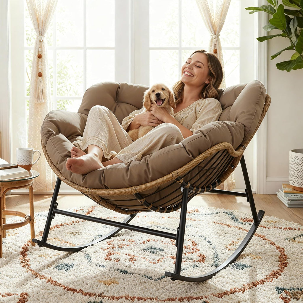 Outdoor Papasan Rocking Chair, Oversized Egg Patio Lounge Chair | 450 Lbs Capacity, Large Size, Brown Rattan Frame