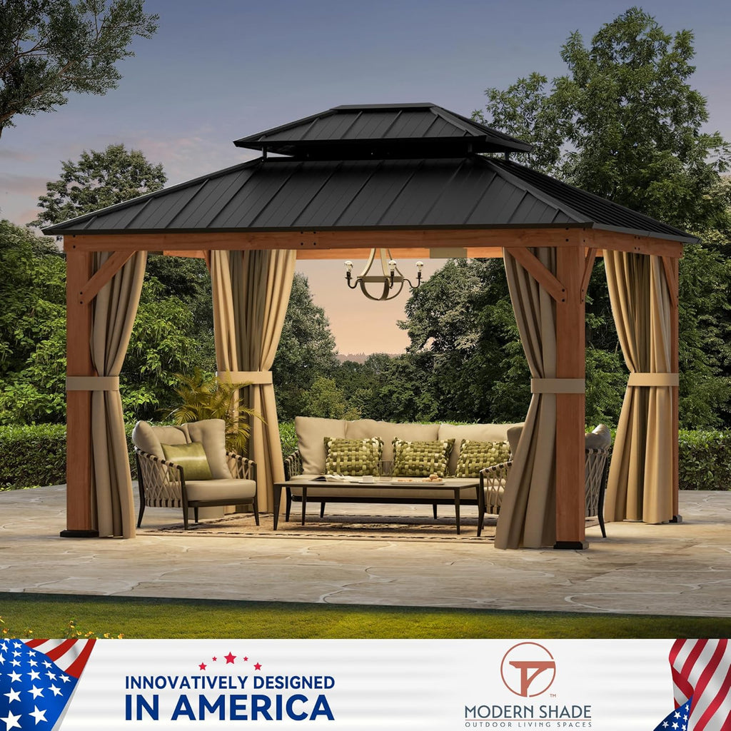 Modern Shade Wood Gazebo 10' x 12', Permanent Hardtop Gazebo with Double Galvanized Steel Roof