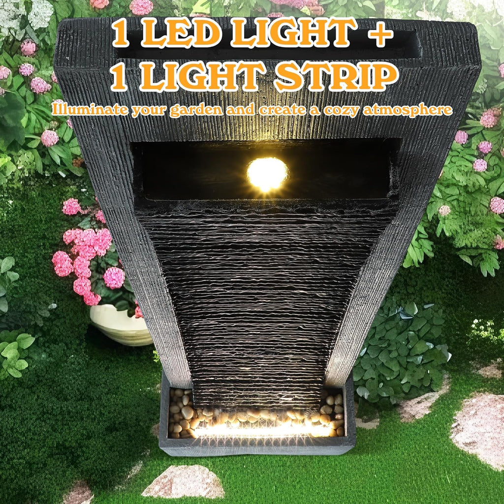 49.6" H Modern Curved Faux Slate Waterfall Fountain, Outdoor Freestanding Fountains with LED Lights and Pump
