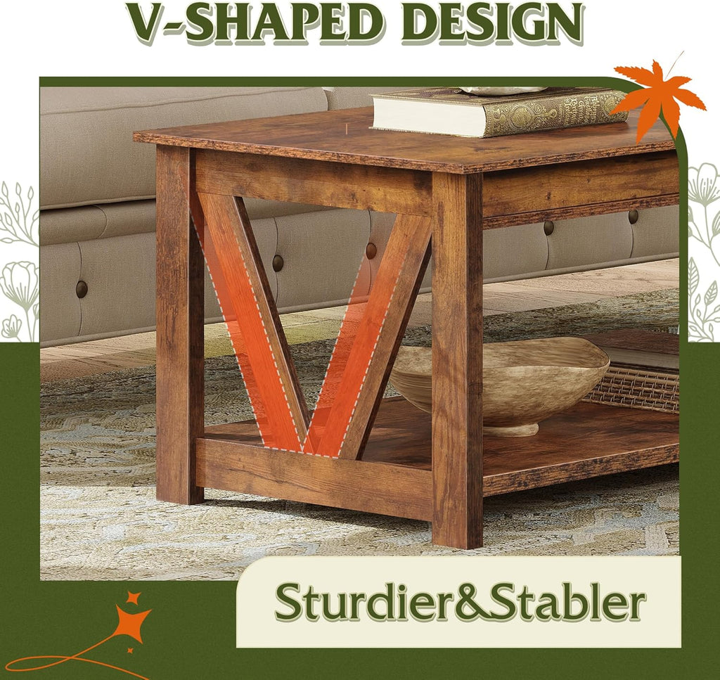 Coffee Table, 43" Farmhouse Coffee Table with Storage Shelf & Sturdy V-Shaped Support, Wood Center Table and Balco...