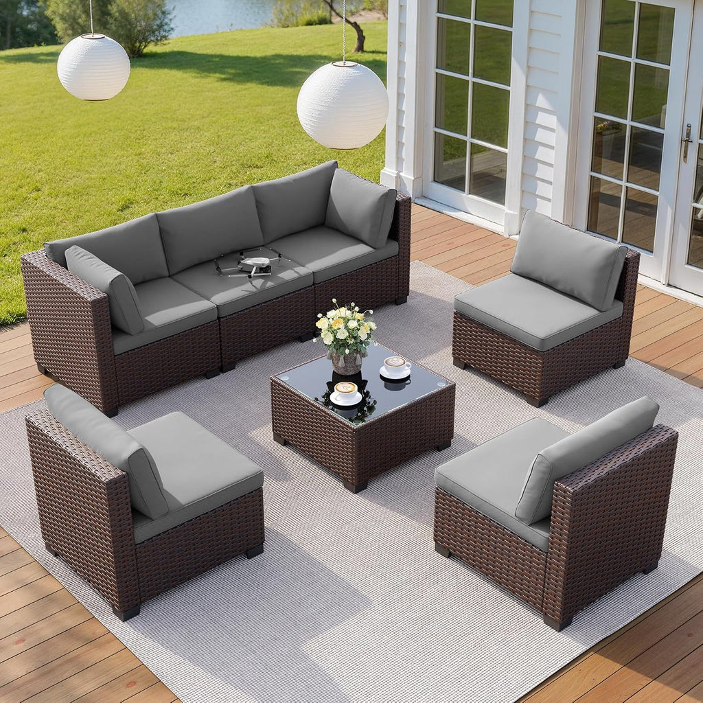 7 Pieces Outdoor Patio Furniture Set, PE Rattan Outdoor Wicker Sectional Furniture Sofa Set, with Cushions and Glass