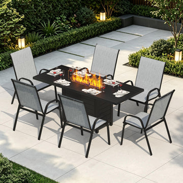 7 Pcs Outdoor Furniture Set w/ 60" Firepit and 6 Pieces Patio Chairs, 50, 000 BTU Aluminum Gas Fire Table and