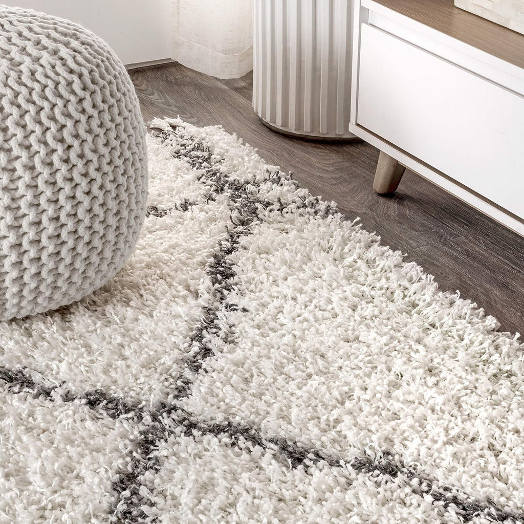 Mercer Shag Plush Tassel Ivory/Gray Indoor Area Rug, Moroccan Geometric Trellis, Easy-Cleaning