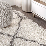 Y Mercer Shag Plush Tassel Ivory/Gray Indoor Area Rug, 3x5, Moroccan Geometric Trellis