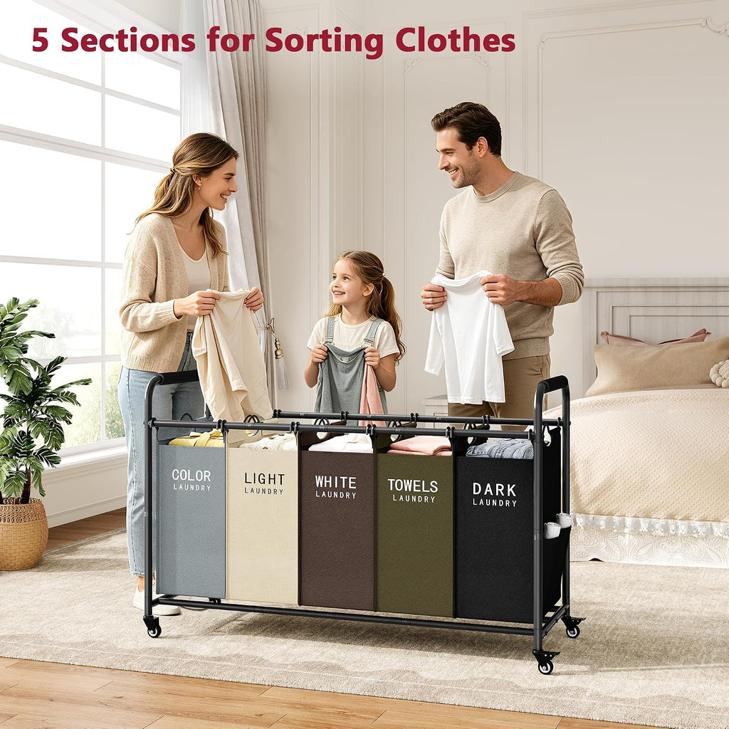 5 Bag Laundry Sorter Cart, Laundry Hamper 5 Section, 5 Colors | Rolling Laundry Basket with Heavy Duty Lockable