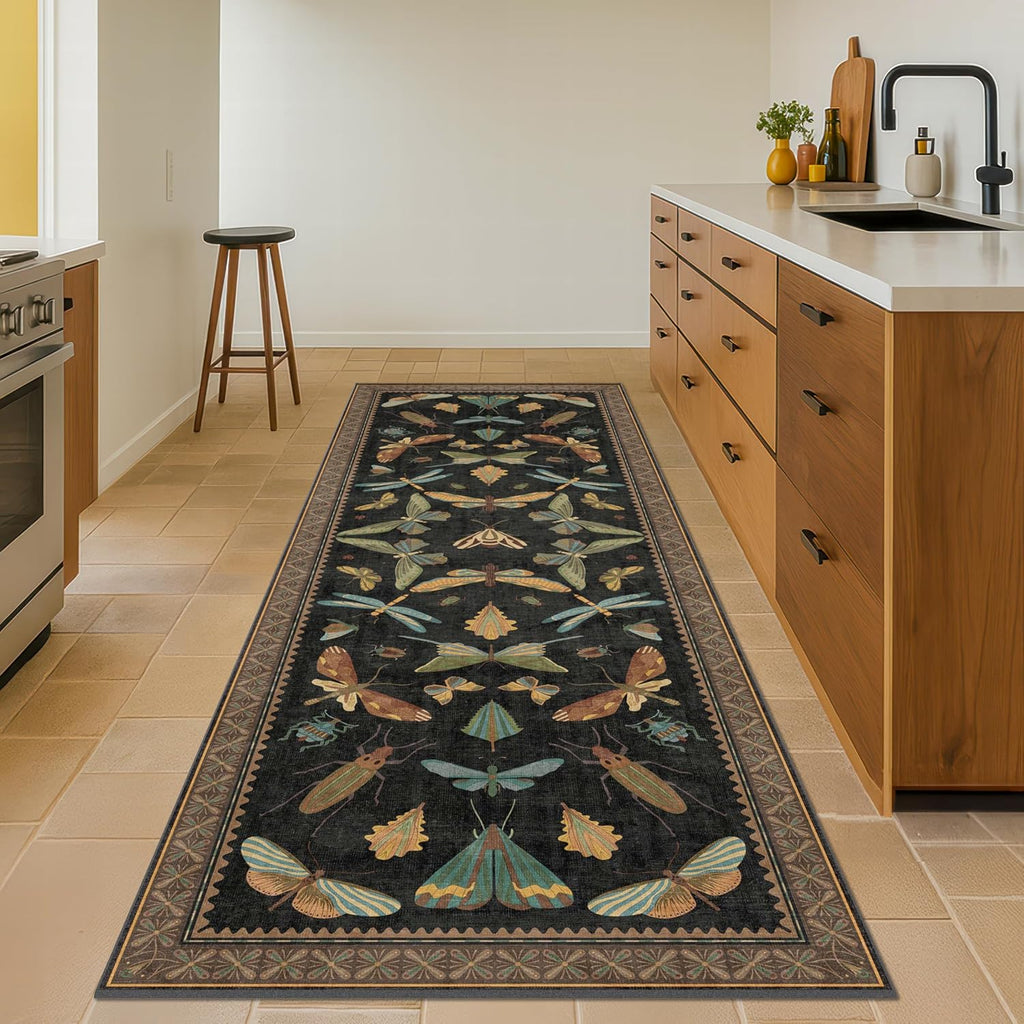 Dark Black Boho 2x10 Rug Runners for Hallways, Washable Non Slip Long Runner Rug, Low Pile & Soft Stain Resistant