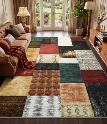 Mid Century Modern Vintage Cowboy Area Rug, Retro Patchwork Rug Non Slip, Red and Brown Floral Farmhouse Rugs