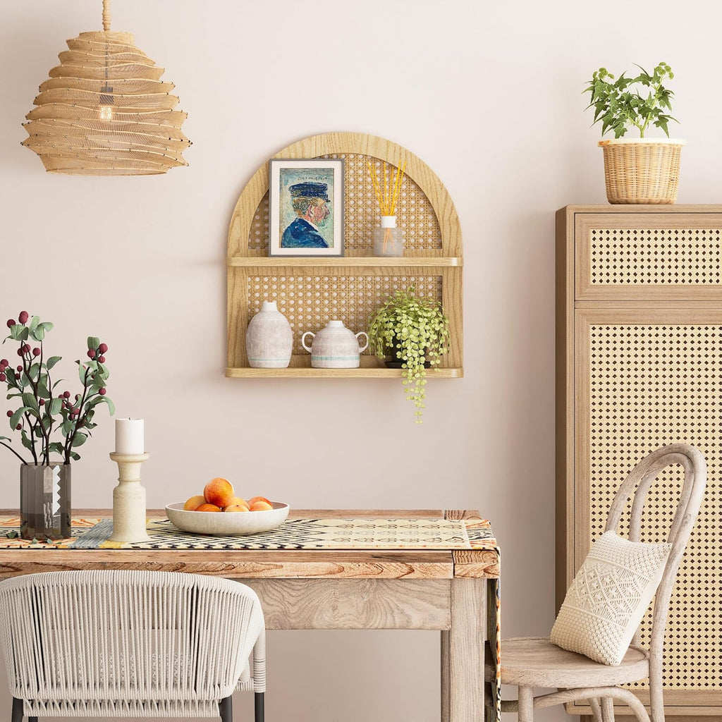 Wood Boho Rattan Wall Shelf - 2-Tier Arched Wicker Floating Shelf Natural Wood New Boho Shelf, Rustic Farmhouse