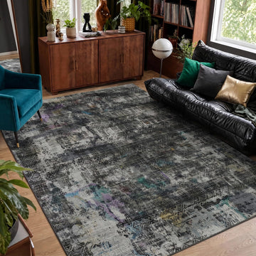 Charcoal Muted Grey Distressed Abstract Washable Area Rug Living Room
