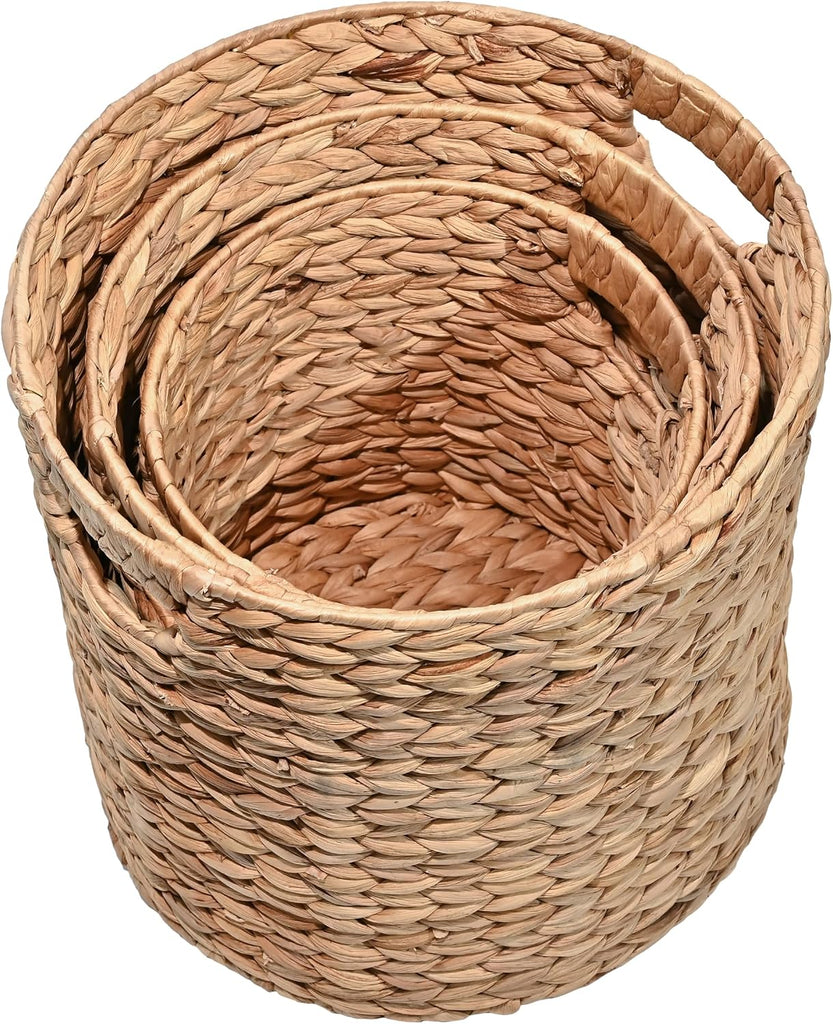 Avery 3-Piece Cylinder Nesting Baskets 13", Natural | Hyacinth, Bohemian Cottage Style, Handwoven Wicker, Iron Metal