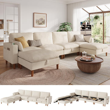 Cloud Couch 4-Seat Modular Sectional Sofa with Storage, Corduroy Deep Seat Cloud Sofa with Side Pocket & Cup Holder &