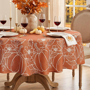 Faux Linen Round Fall Tablecloth 70 Inch, Autumn Table Cloth with Pumpkin & Maple Leaves, Orange Circle Table Cover