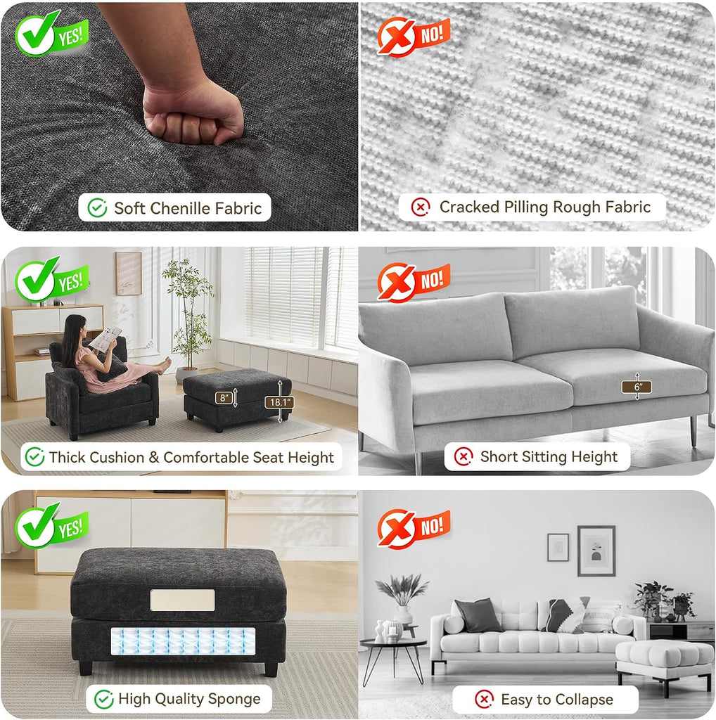 57.5" Oversized Chaise Lounge with Ottoman Indoor, Grey Reading Chair with Ottoman & Sofa Bed, Chenille Upholstered