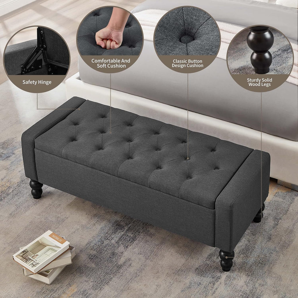 50" W Storage Ottoman Bench with Safety Hinge, Load up to 660 lb Ottoman with Storage, Upholstered Tufted Entryway