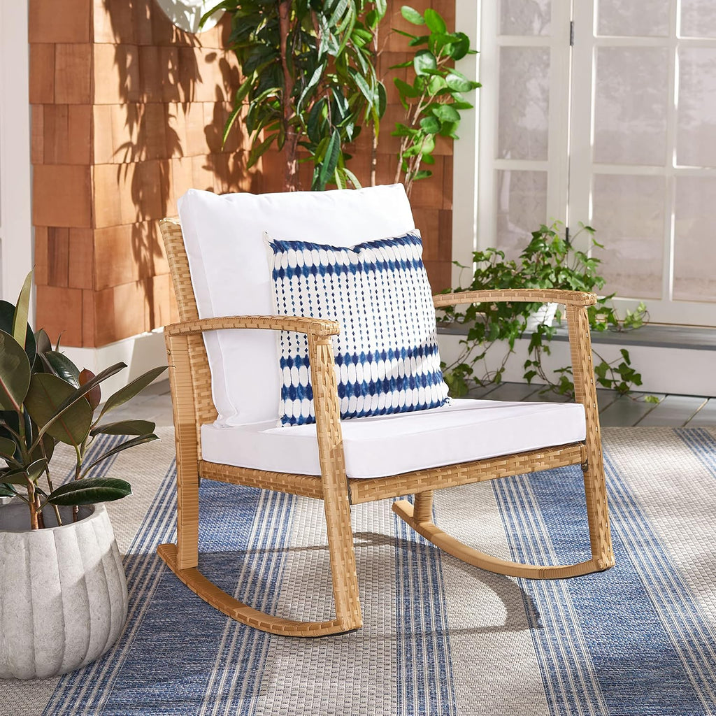 Outdoor - Daire Rocking Chair - Natural & White - Steel Frame Faux & Rattan with Cushion - Open-Frame Design - Ideal