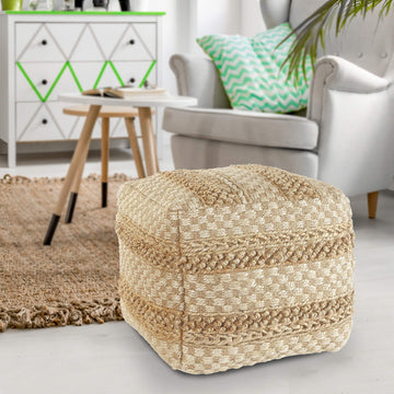 LR Home Natural/Off-White Square Ottoman Pouf Decor | Striped Hand-Woven Jute Cotton Blend Square Pouf Ottoman Foot