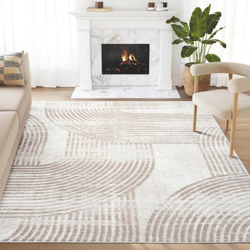 Cream Area Rug for Living Room, Bedroom -Mid-Century Modern- 6' x 9' -Durable & Easy to Clean