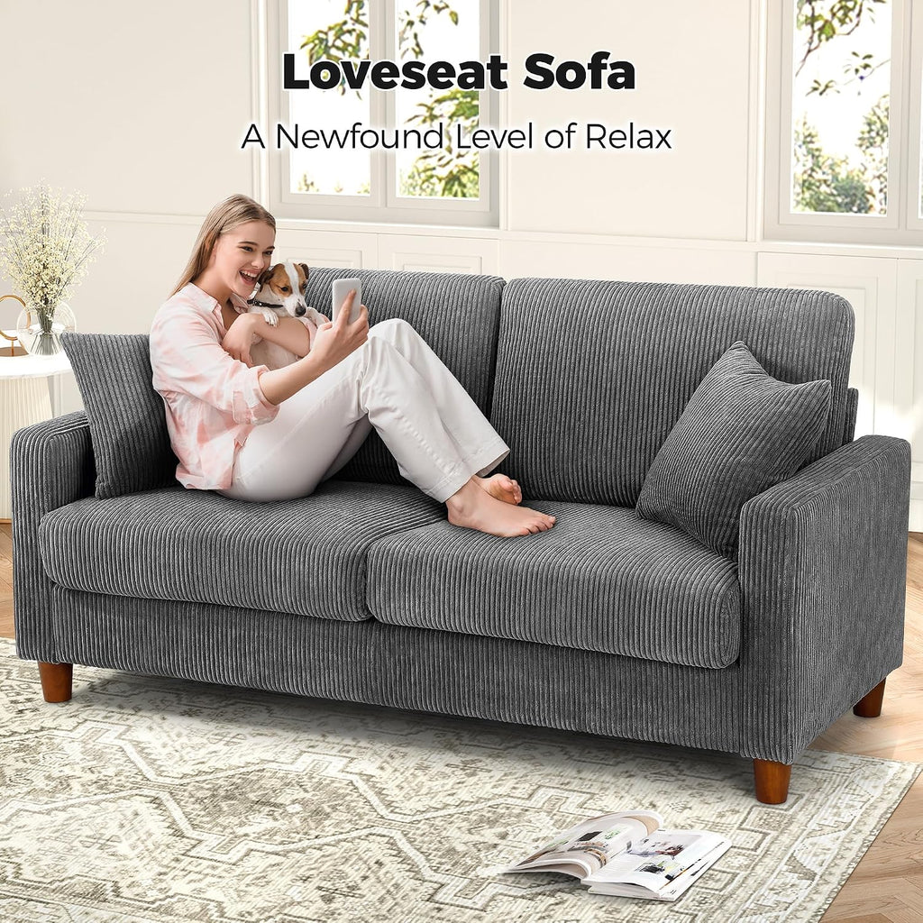 70in Corduroy Couch, Sofa No Tool Assembly, Comfy Couches 21in Deeper Seats, Corduroy Sofas with 2 Pillows, Oversized