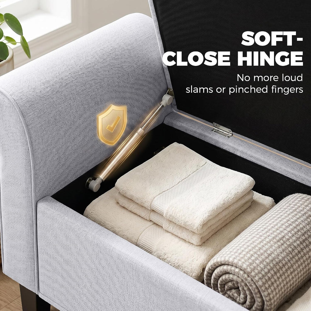 47" Ottoman wih Storage End of Bed Bench with Rolled Arms Light Gray | Storage Chest, Safety Hinge, Wooden Legs
