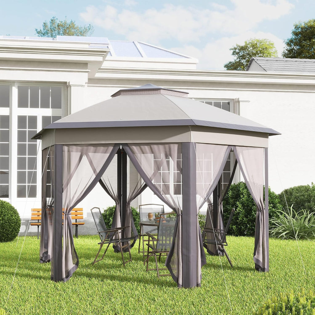 13' x 13' Pop Up Gazebo, Hexagonal Canopy Shelter with 6 Zippered Mesh Netting