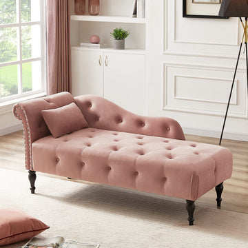 Tufted Upholstered Velvet Rolled Arm Chaise Lounges Indoor Chair, Rose