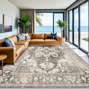 10x14 Washable Area Rug - Large Vintage Non-Slip Rugs Bedroom Soft Low Pile Stain Resistant Carpet Indoor Boho Floor